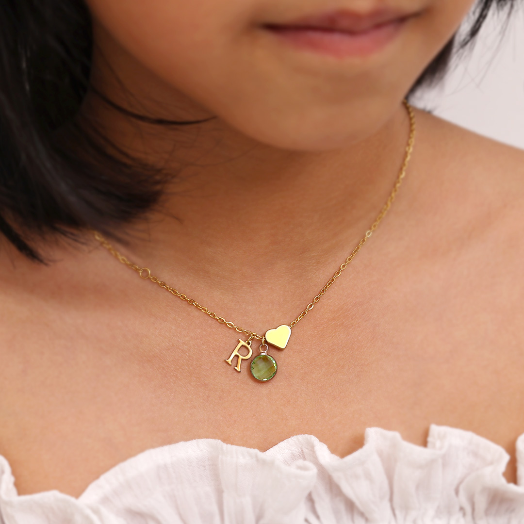 Personalised Heart Necklace Custom Birthstone and Initial Kid's Necklace-Jessemade AU