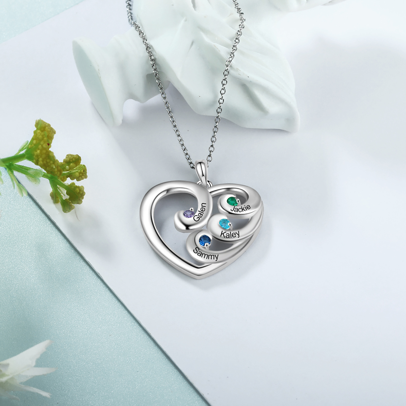 Personalised Heart Necklace With 4 birthstones Engraved Names Gift For Women-Jessemade AU