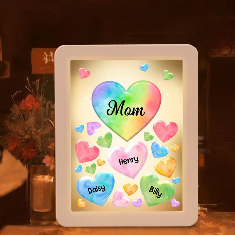Personalised Night Light Mirror Frame Custom 1 Text & 3 Names Colourful Hearts Family LED Lamp Gift for Grandma/Mother-Jessemade AU