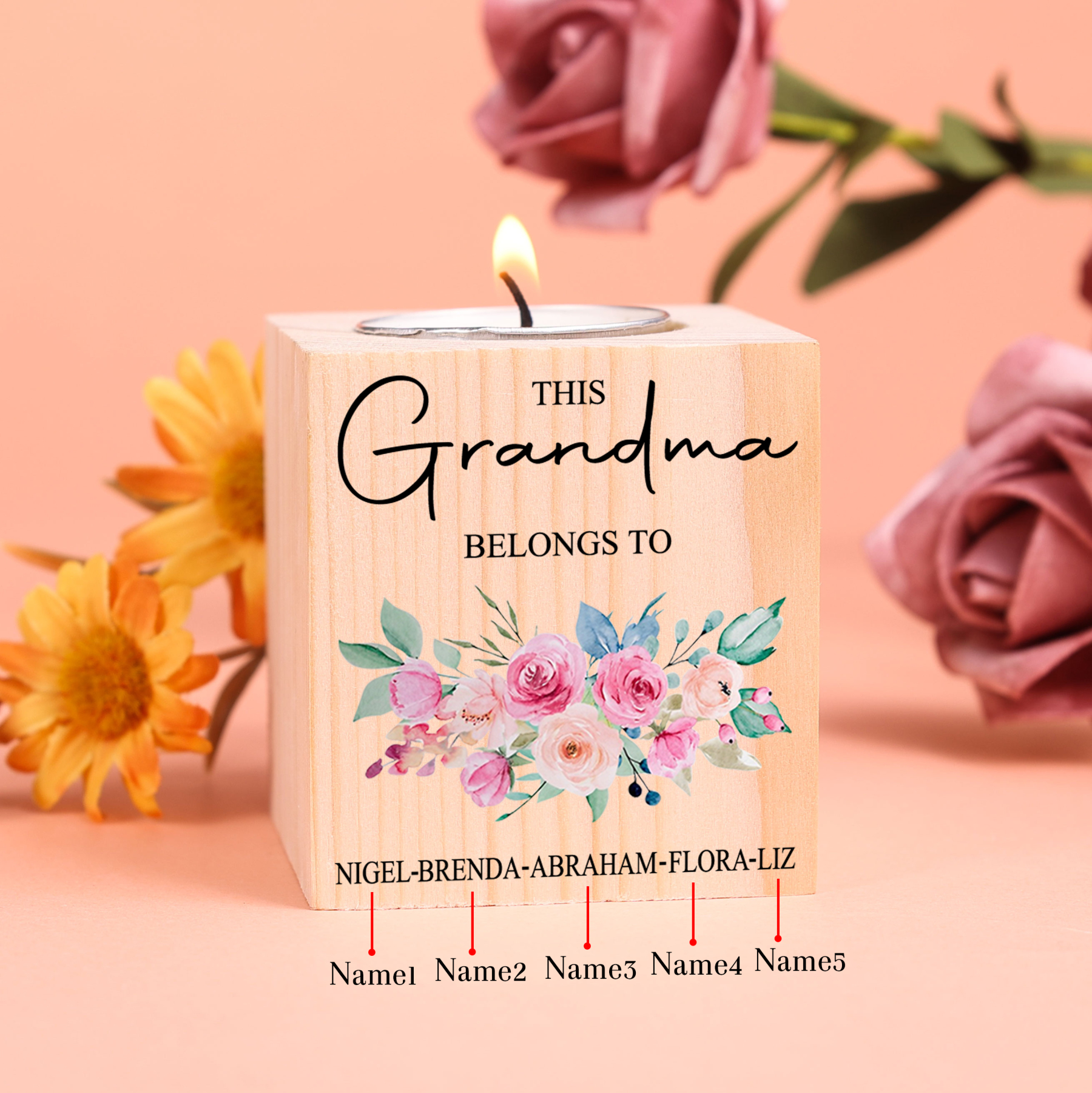 5 Names - Personalised Wooden Candle Holder Engraved Name Candlestick Grandparents Day Gift for Grandma-Jessemade AU
