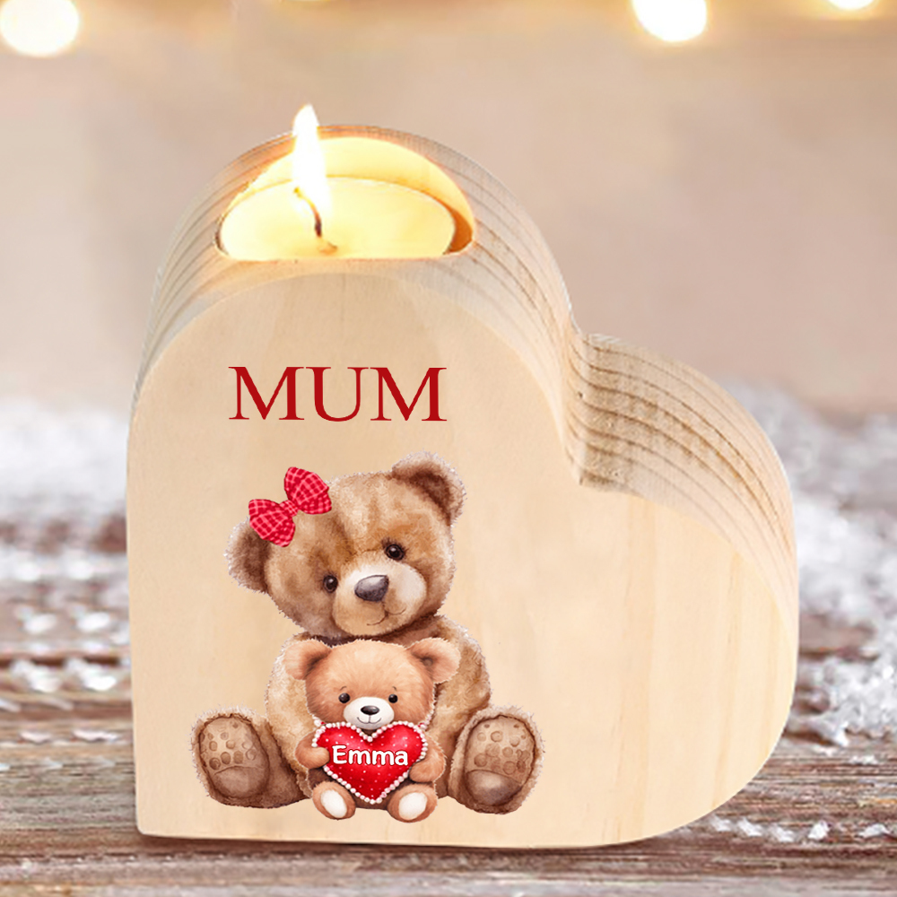 Personalised 1 Name & 1 Text Candle Holder Teddy Bear Wooden Candlestick Gifts for Grandma/Mother-Jessemade AU