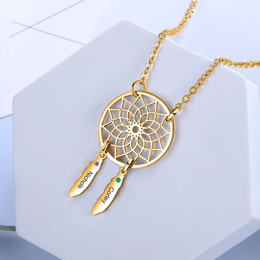 Personalised Dream Catcher Necklace With Birthstone Custom 2 Names Necklace Gift For Mother