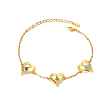 3 Names - Personalised Heart Bracelet Custom Names & Birthstones Bracelets Valentine's Day Gift For Her-Jessemade AU