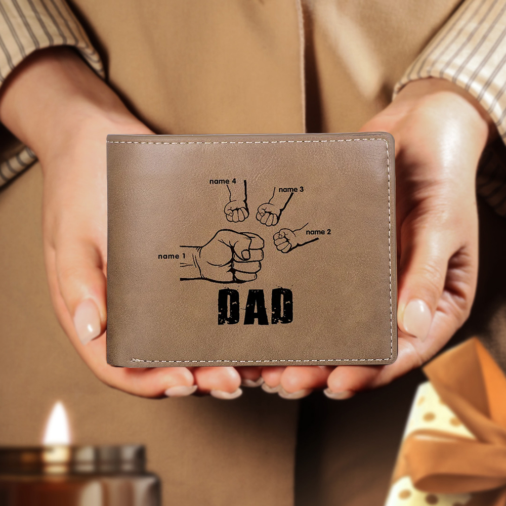 Personalised Leather Mens Wallet Engraved 4 Names Fist Bump Folding Wallet Father's Day Gifts-Jessemade AU