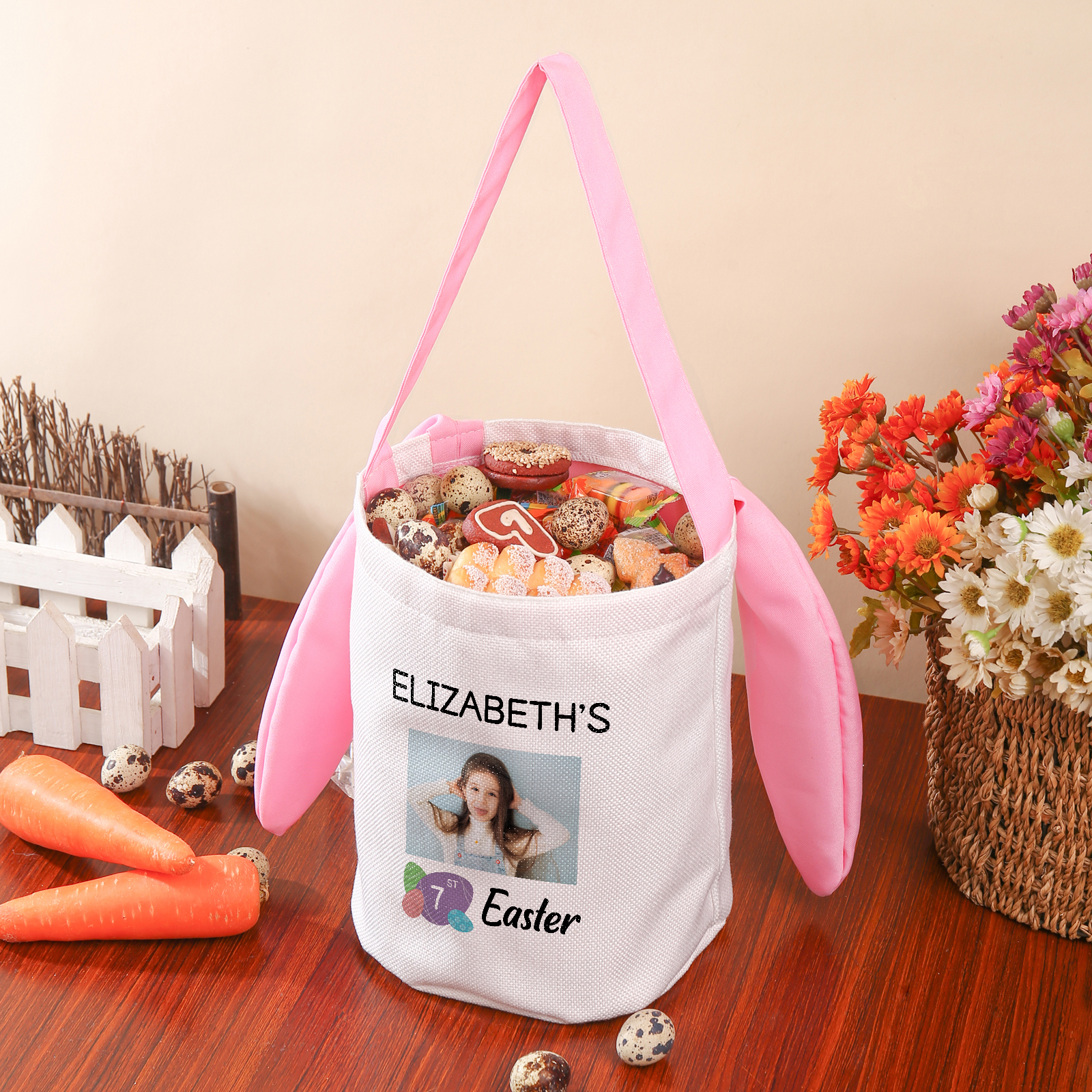 Personalised Photo Bunny Tote Bag Custom Name & Text & Number Bucket Bag Bunny Basket Easter Gifts-Jessemade AU