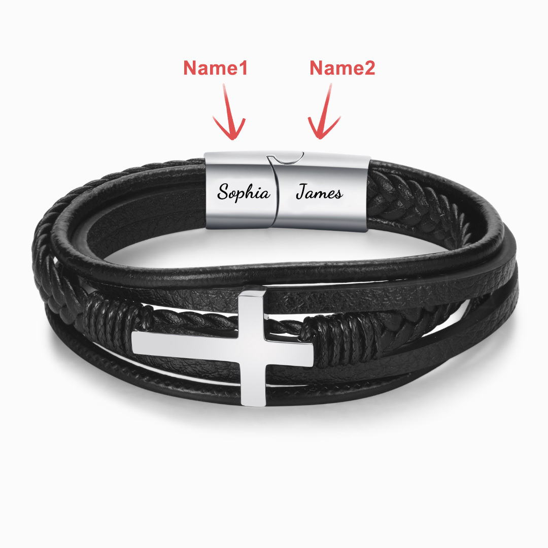To My Man Pray Through It Leather Cross Bracelet Personalised 2 Names Gifts for Him-Jessemade AU