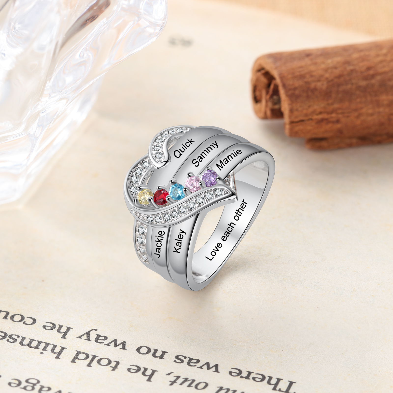 S925 Silver Personalised Mother Ring with 5 Birthstones Heart Family Ring-Jessemade AU