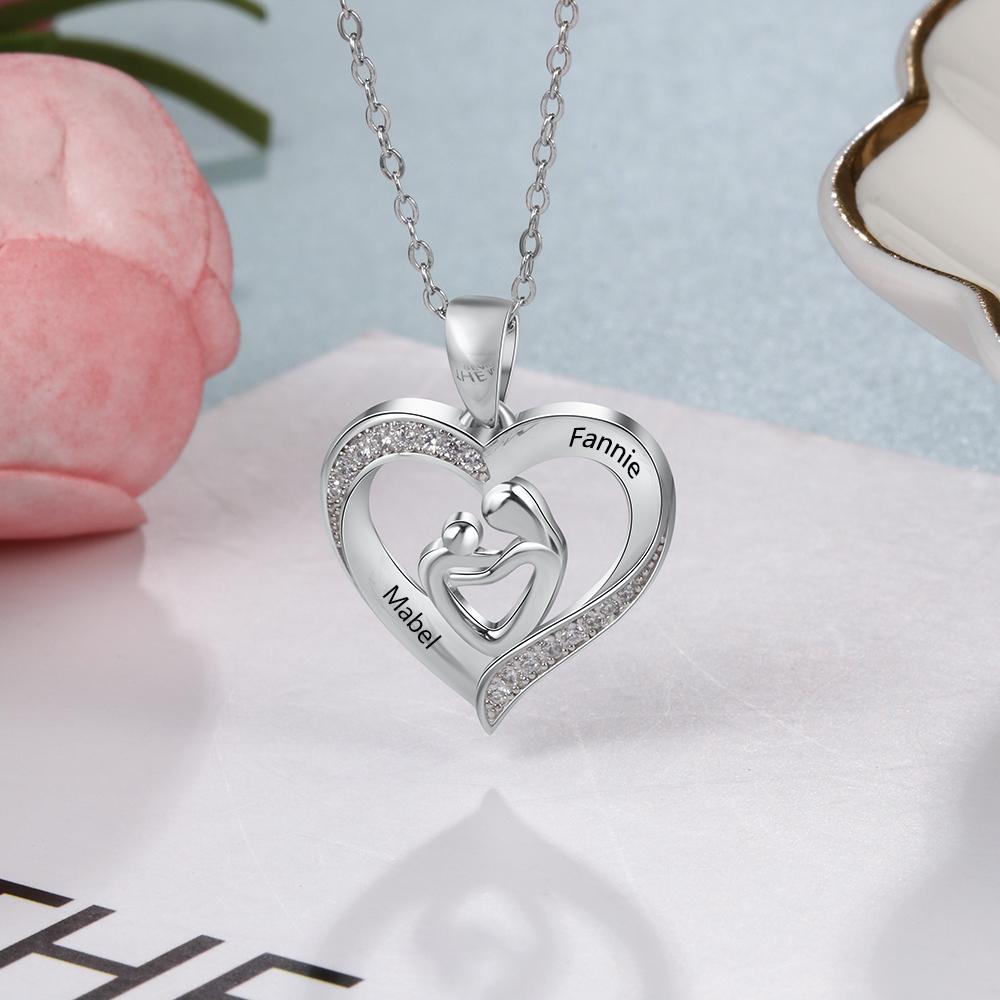 Mother and Child Heart Necklace Engraved with 2 Names Love Necklace Sterling Silver-Jessemade AU