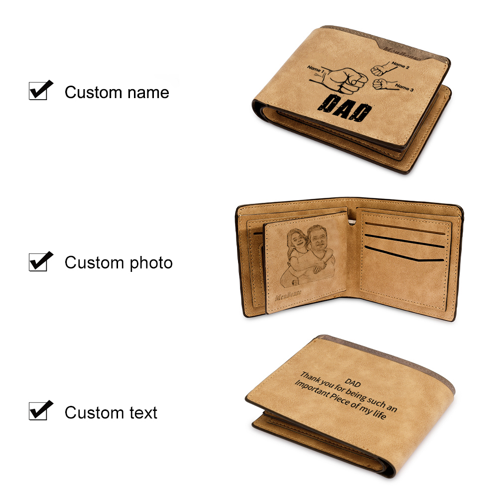 3 Names - Personalised Men Leather Wallet Custom Photo & Text & Name Folding Wallet Fist Bump Wallet Gift for Dad-Jessemade AU