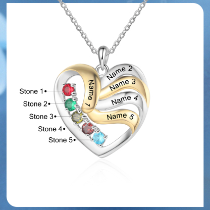 5 Names - Personalised Heart Necklace Custom Birthstones & Names Family Necklace Mother's Day Gifts-Jessemade AU