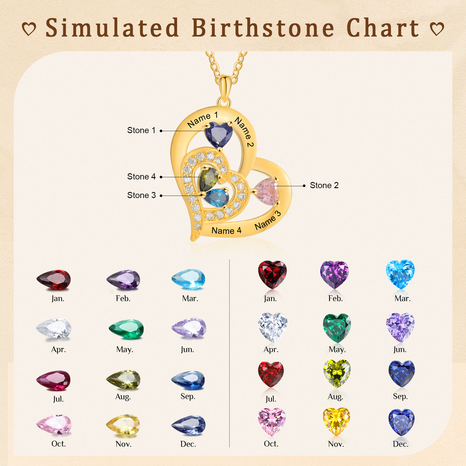 4 Names - Personalised Heart Pendant Necklace Customised Names & Birthstones Necklace Birthday Gift for Her-Jessemade AU