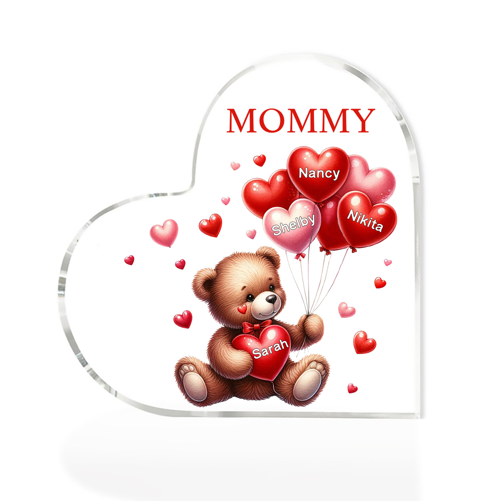 4 Names - Personalised Acrylic Heart Keepsake Custom Text Teddy Bear Balloon Ornaments Gifts for Grandma/Mother-Jessemade AU