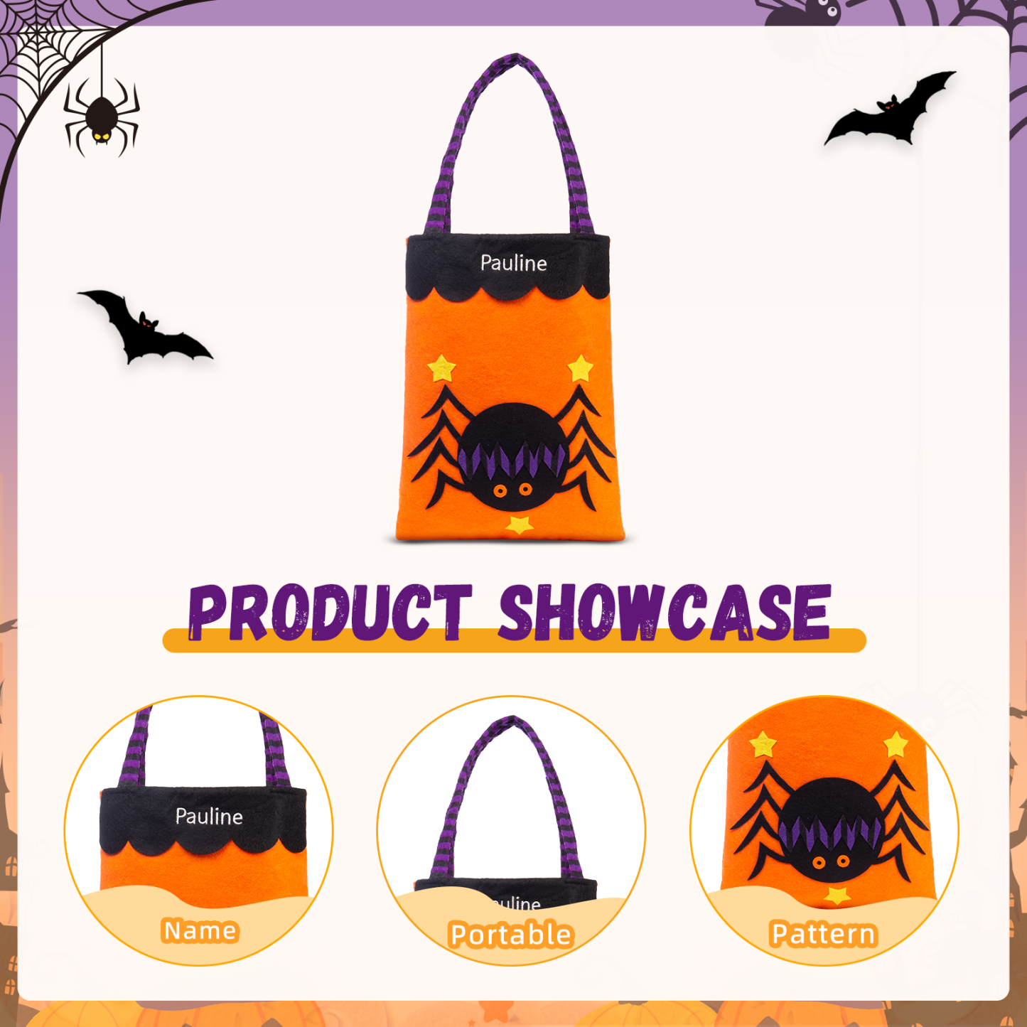 Personalised Halloween Tote Bags Custom 1 Name Tote Bag Halloween Candy Bag for Kids-Jessemade AU