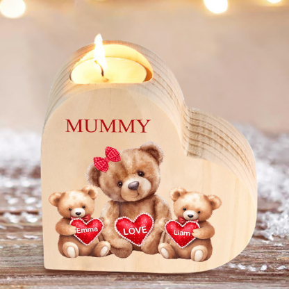 Personalised 2 Names & 1 Text Candle Holder Teddy Bear Wooden Candlestick Gifts for Grandma/Mother-Jessemade AU