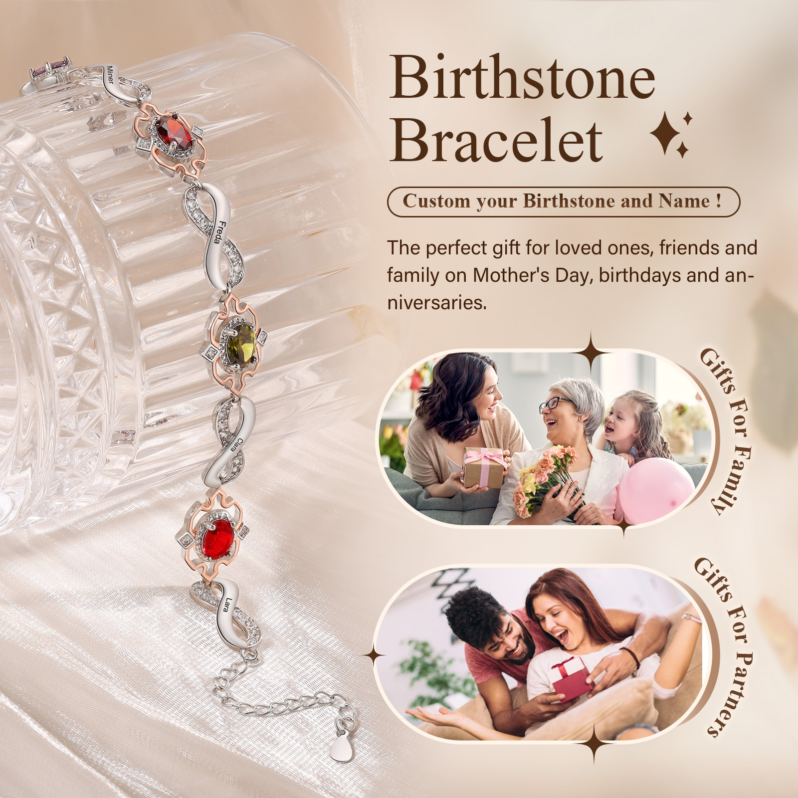 Infinity Bracelet Personalised 4 Birthstones Engraved 5 Names Women's Bracelets Birthday Gift for Her-Jessemade AU