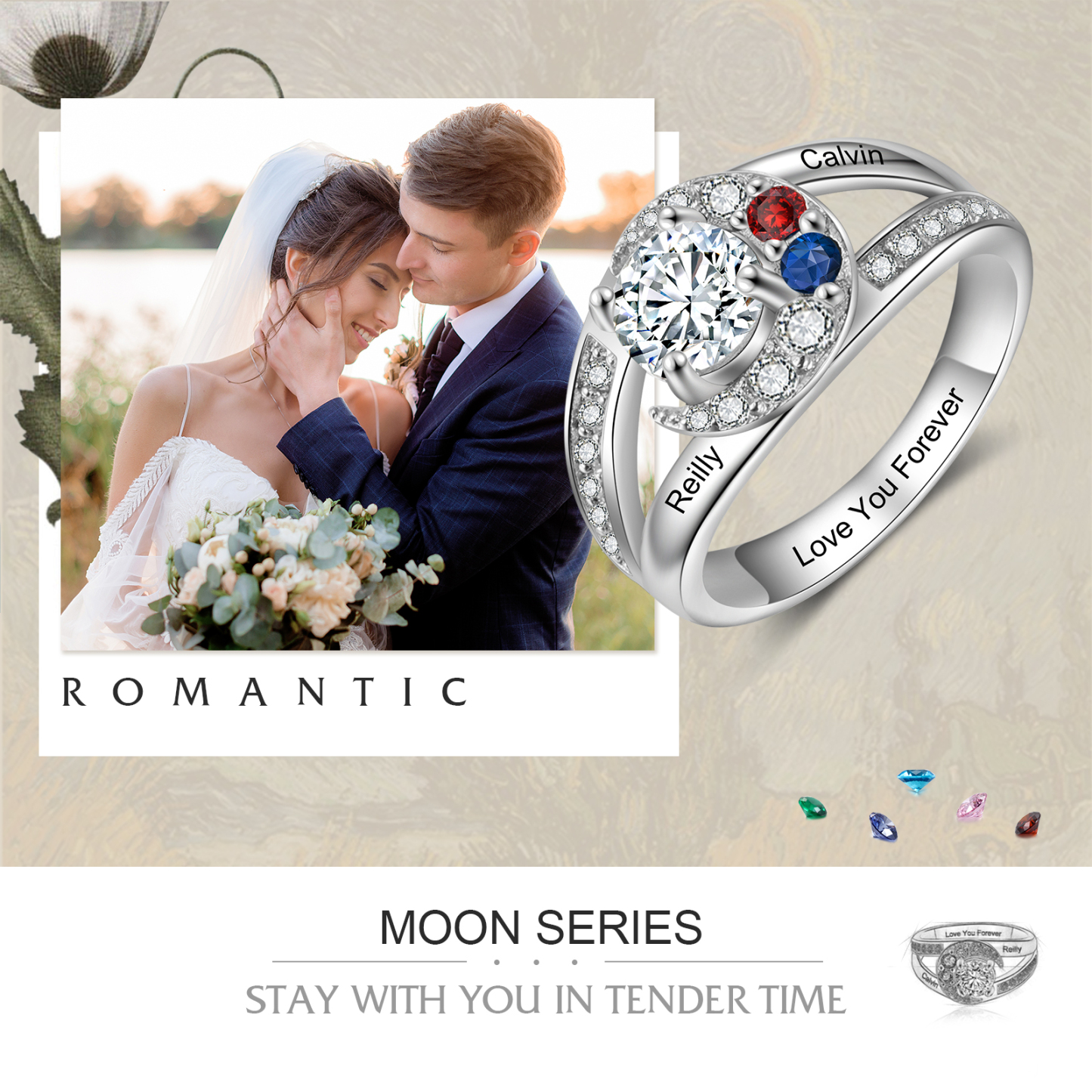 Personalised Moon Star Ring With 2 Birthstones Custom Names Best Gift For Women-Jessemade AU