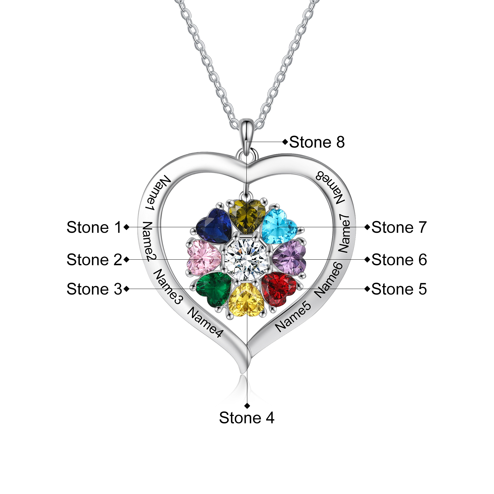 Personalised Heart Pendant Necklace with 8 Birthstones Engraved Names Family Necklace Gifts for Her-Jessemade AU