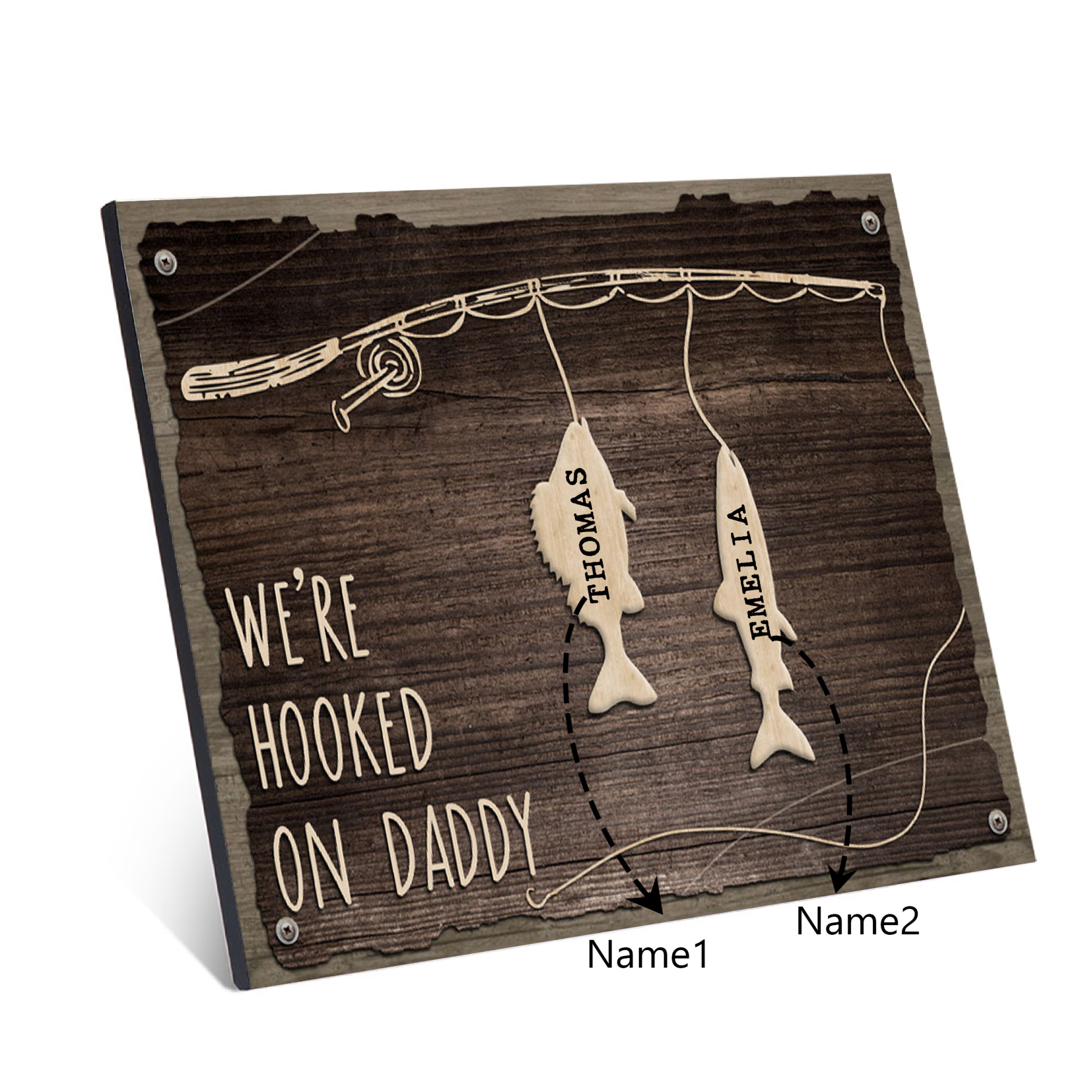 Father's Day Gifts Wood Signs Engrave 2 Names Frame Keepsake -We've Hooked On Daddy-Jessemade AU
