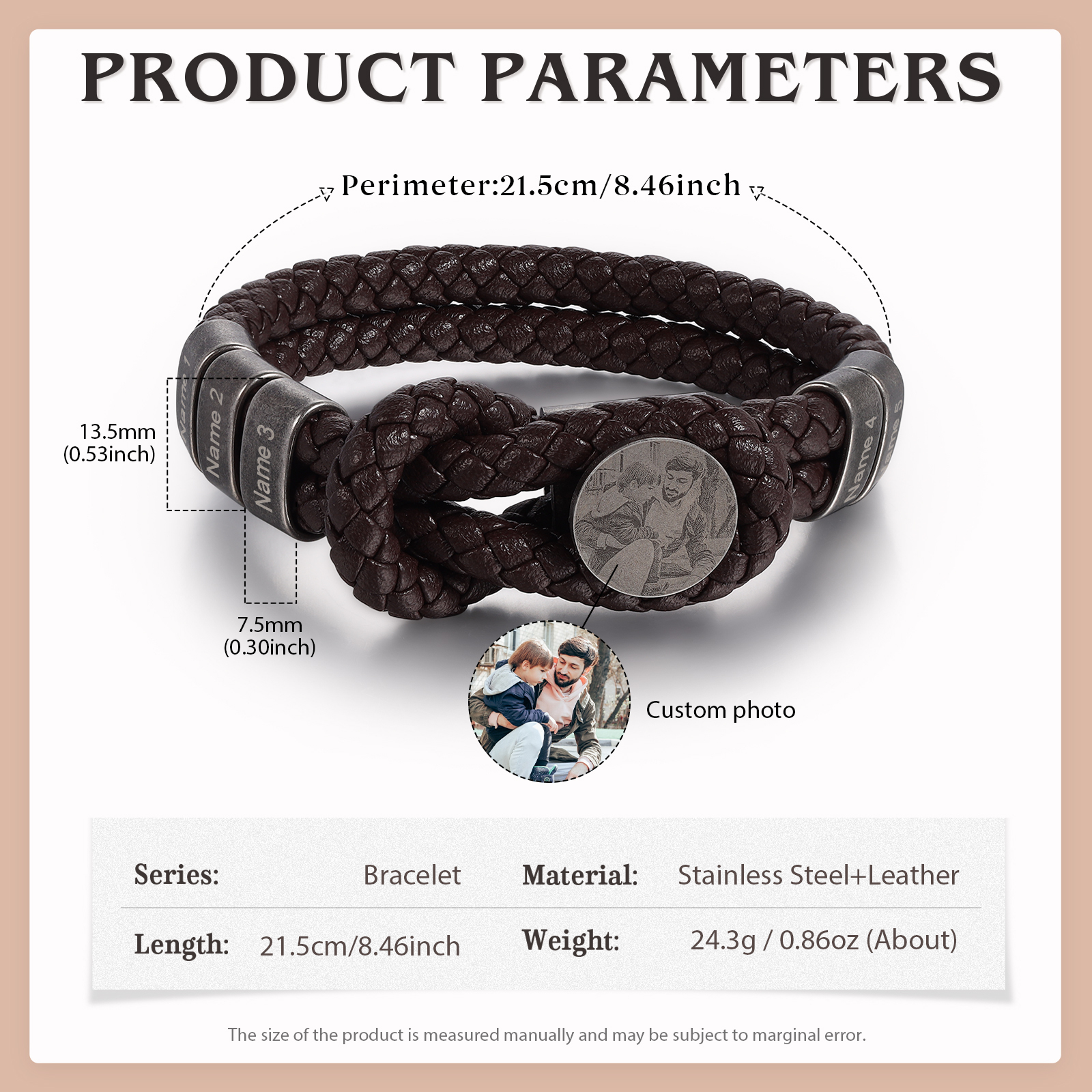 Personalised Men's Photo Bracelets Engraved 5 Names Multi Layered Vintage Braided Bracelet for Him-Jessemade AU