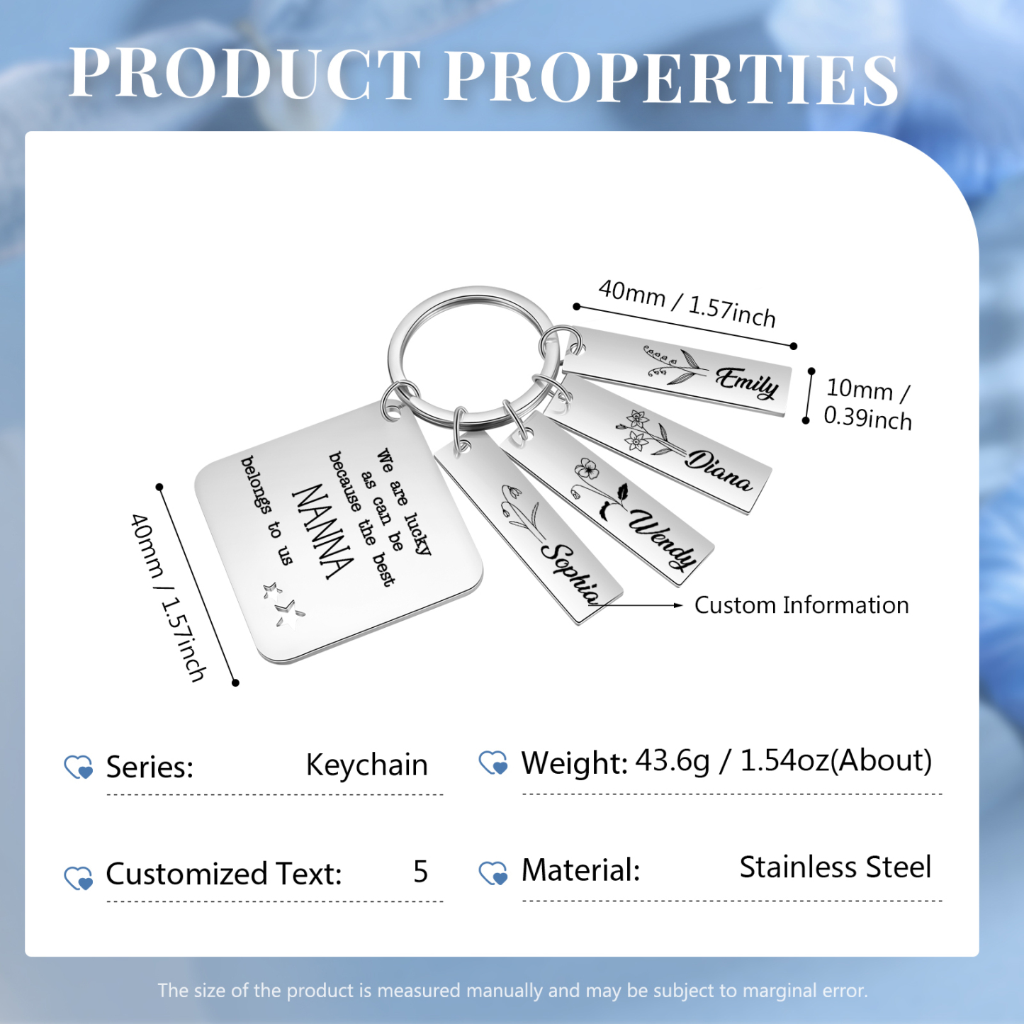 Personalised 4 Names & 4 Birth Flowers Keychain Custom Text Family Keychain Gifts for Mother/Grandma-Jessemade AU