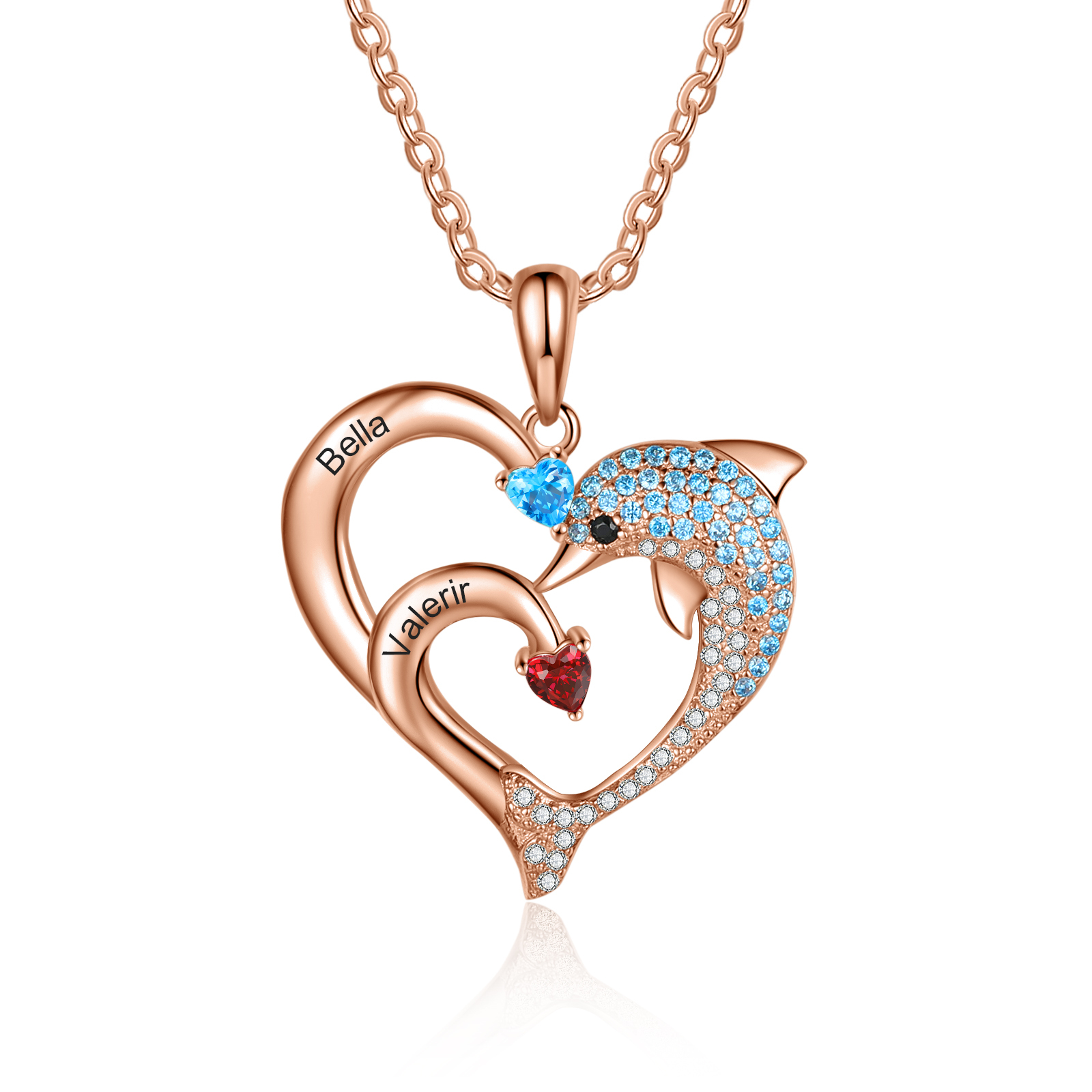 Personalised Heart Dolphin Necklace With 2 Birthstones Engraved Names Gift For Her-Jessemade AU