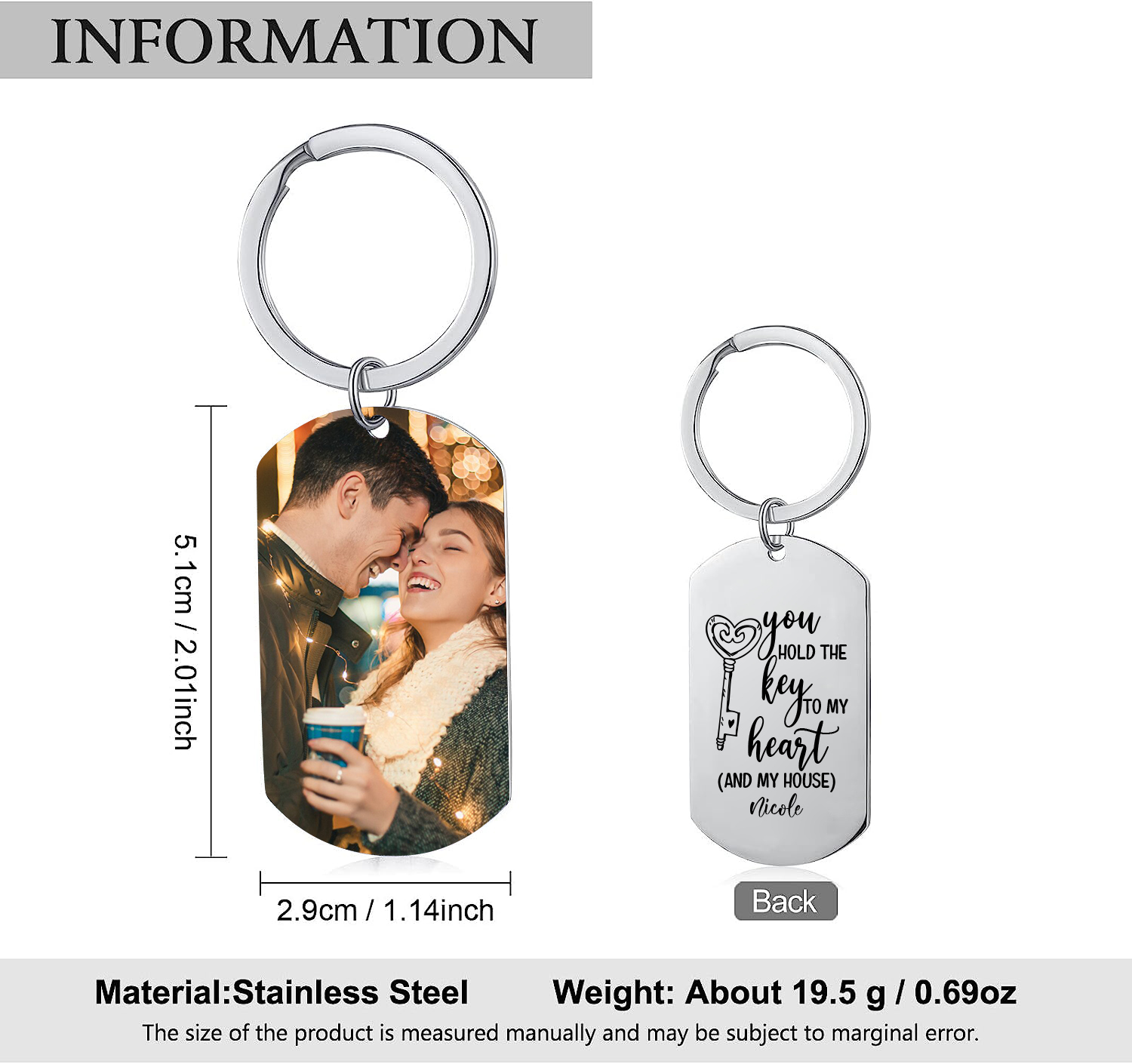 Personalised Photo & Name Keychain Stainless Steel Couple Gift - You Hold The Key To My Heart -Jessemade AU