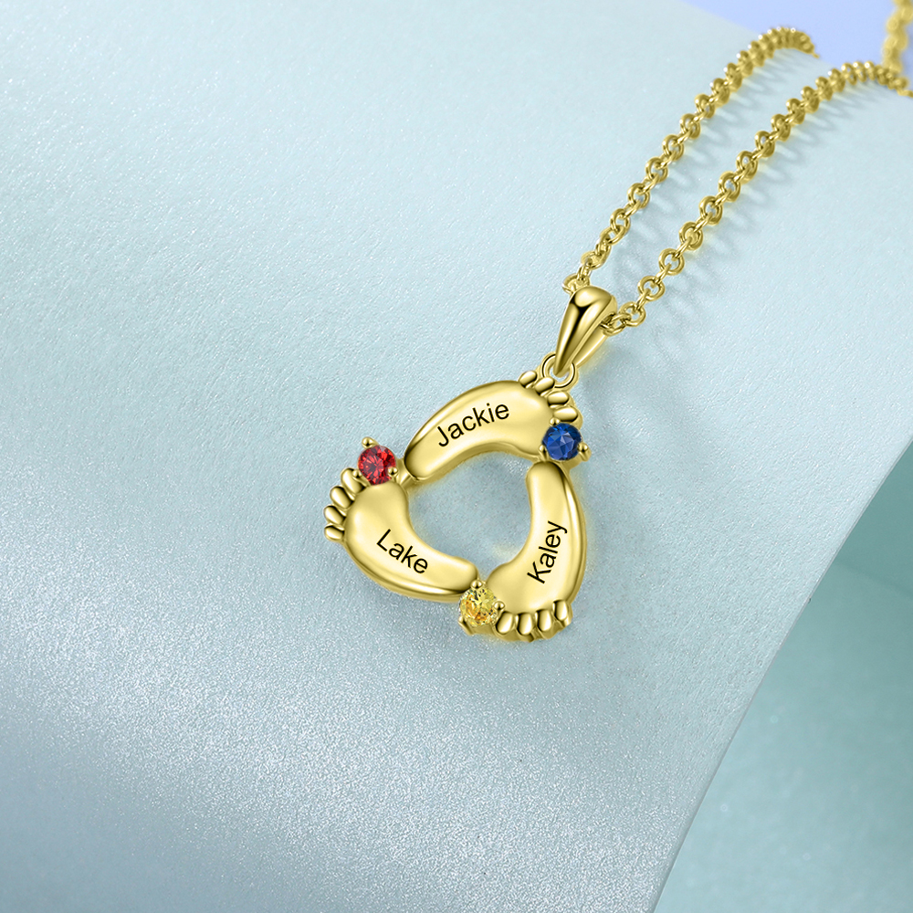 Personalised Baby Feet Necklace With 3 Birthstones Engraved Names Gift For Mother-Jessemade AU