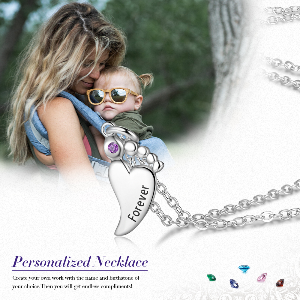 Personalised Baby Foot Necklace With 1 Birthstone Engraved Names Gift For Women-Jessemade AU