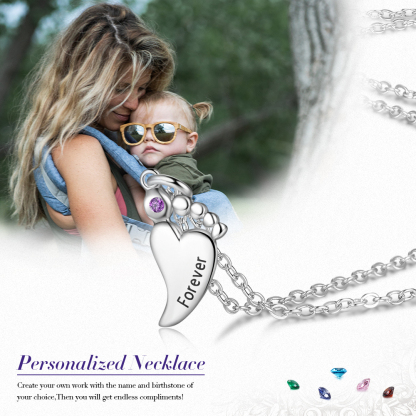 Personalised Baby Foot Necklace With 1 Birthstone Engraved Names Gift For Women-Jessemade AU