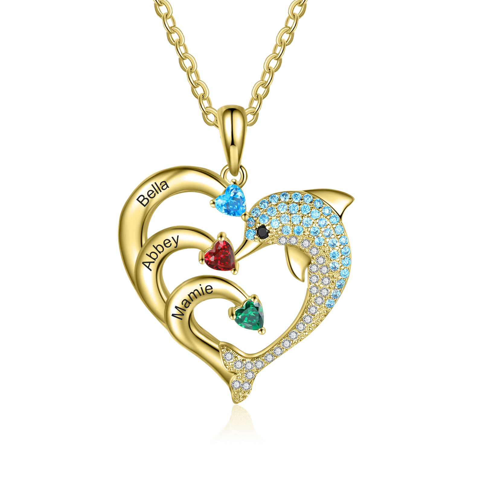 Personalised Heart Dolphin Necklace With 3 Birthstones Engraved Names Gift For Her-Jessemade AU