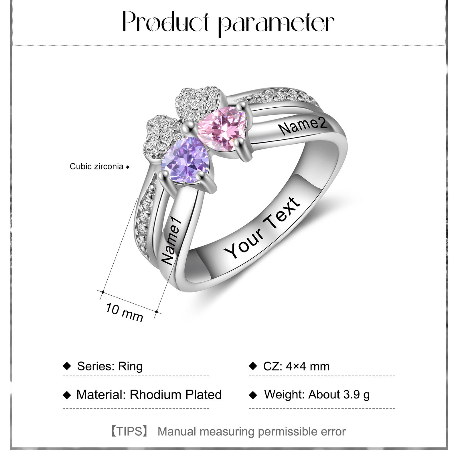 Personalised Ring With 2 Birthstones Engraved Names Ring Best Gift For Women-Jessemade AU