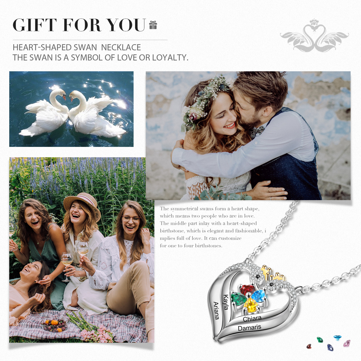 Personalised Heart Swan Necklace With 4 Birthstones Engraved Names Necklace Gifts For Her-Jessemade AU