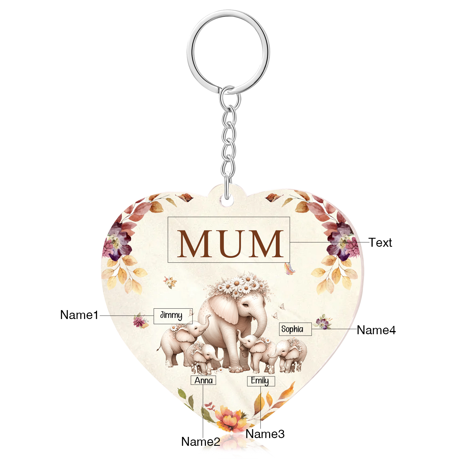 4 Names - Personalised Acrylic Keychain Custom 1 Text Elephant Family Hanging Ornaments Gift for Mum/Grandma-Jessemade AU