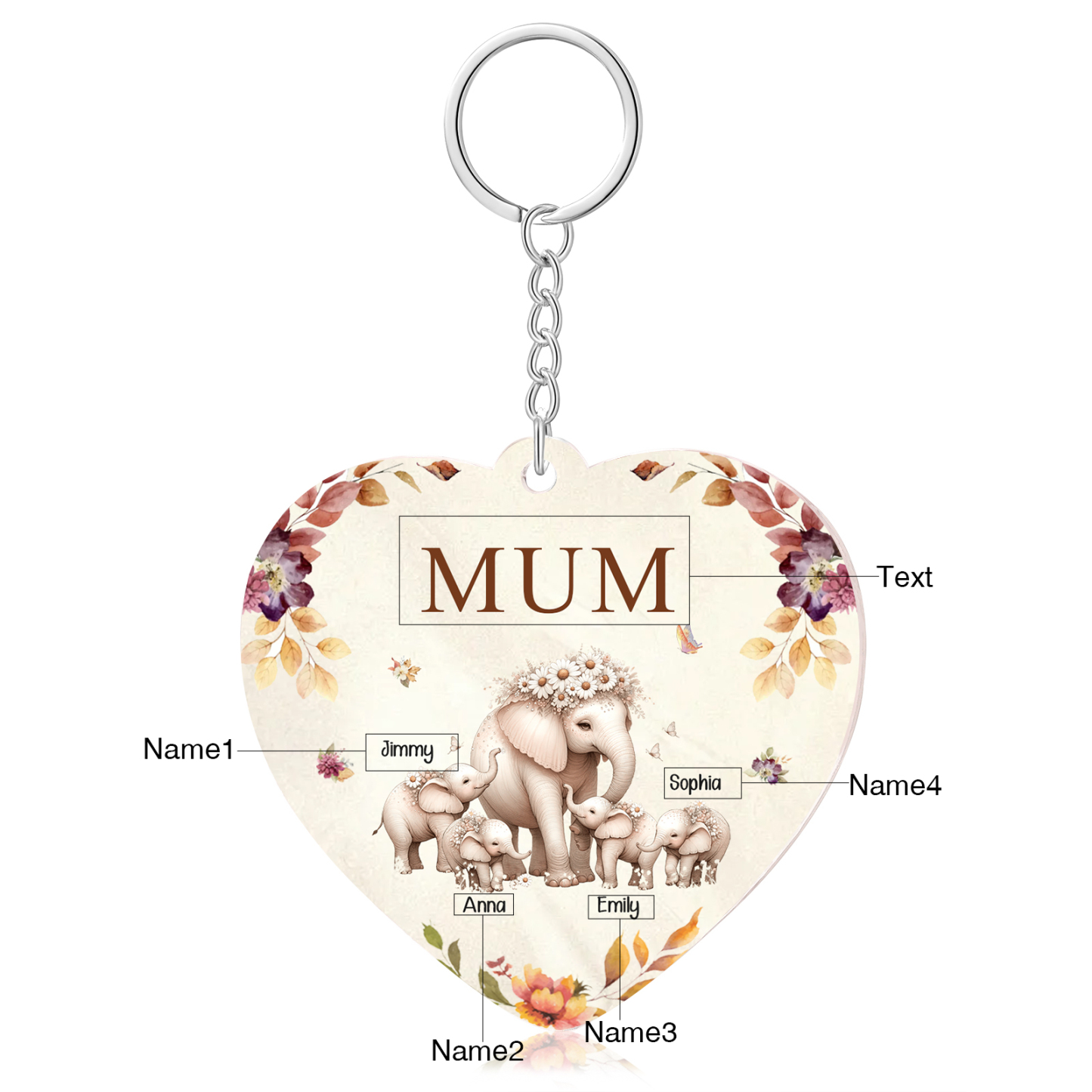4 Names - Personalised Acrylic Keychain Custom 1 Text Elephant Family Hanging Ornaments Gift for Mum/Grandma-Jessemade AU