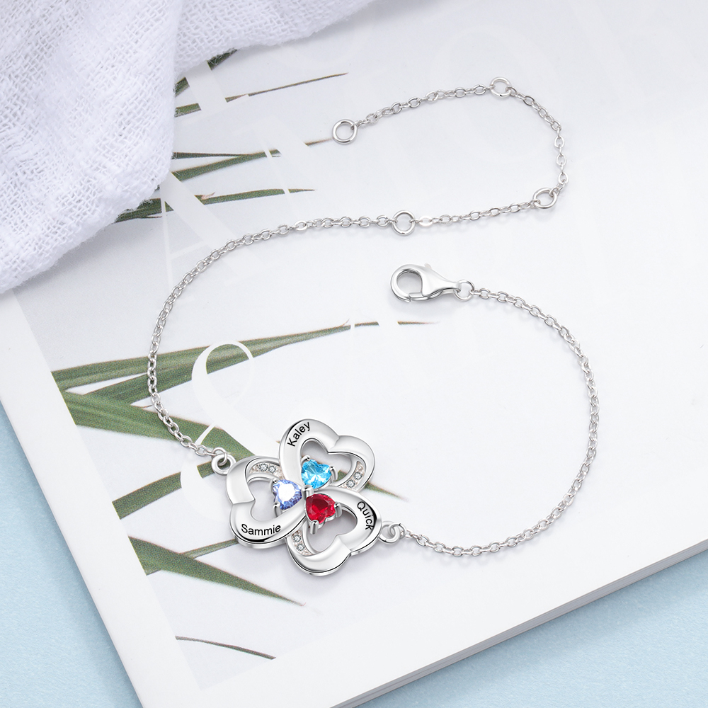 Personalised Heart Bracelet With 4 Birthstones Engraved Names Bracelet Gift For Women-Jessemade AU