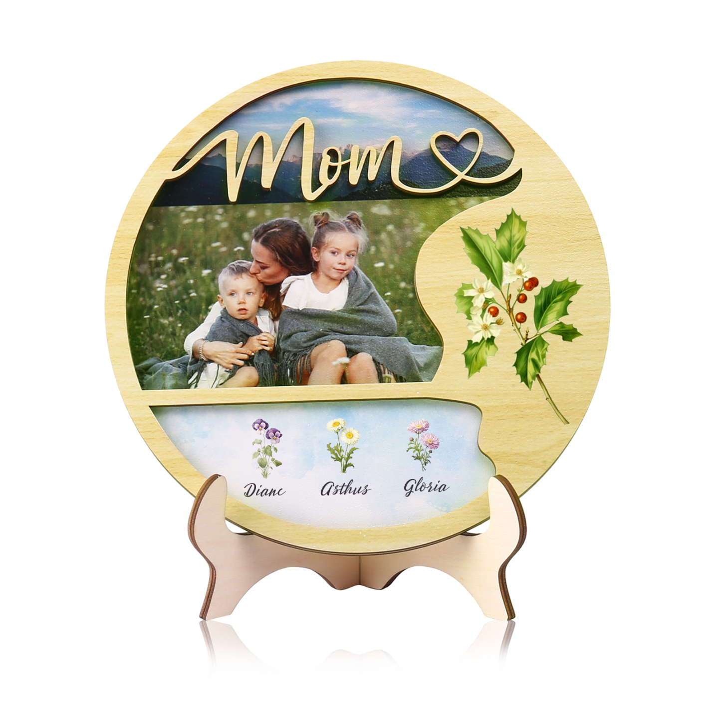 Personalised Photo & Text Wooden Plaque Custom 4 Birth Flowers & 3 Names Wooden Sign With Stand Gifts for Mum/Nana-Jessemade AU