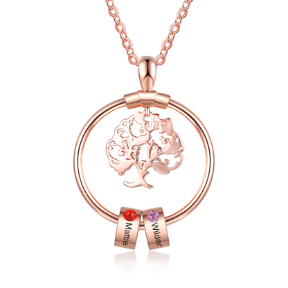 Personalised Family Tree Necklace With 2 Birthstones Engraved Names Gift For Mother-Jessemade AU
