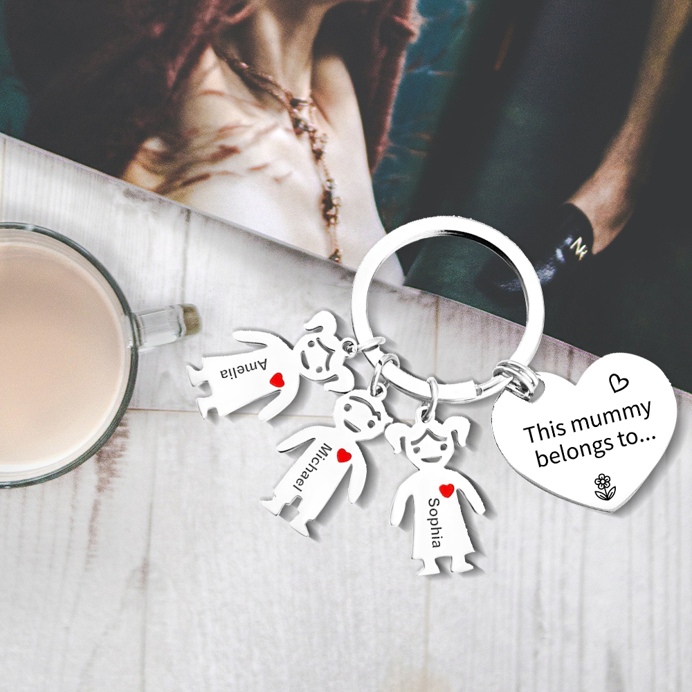 Personalised Heart Keychain With Engraved 3 Kid's Names Charms "This Mummy Belongs to" Mother's Day Gifts For Mum-Jessemade AU