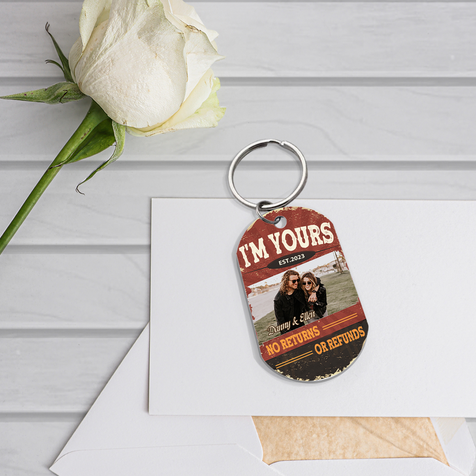 Personalised Couple Photo Keychain Custom 2 Names & Date Keyring “I'm Yours No Returns Or Refunds” Valentine's Day Gift For Couples-Jessemade AU