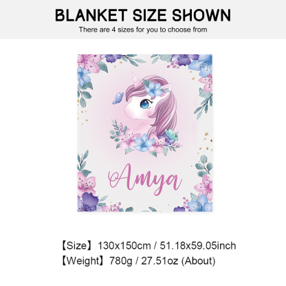 Personalised Flower Unicorn Blanket Custom Name Cute Cartoon Blanket-Jessemade AU