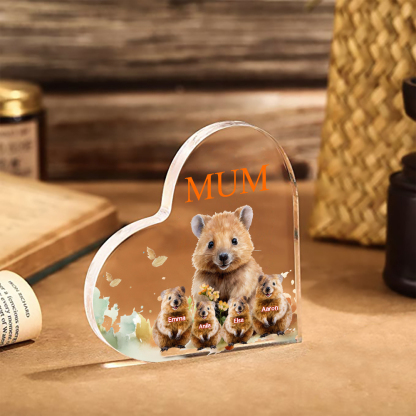 Personalised Acrylic Heart Keepsake Custom 1 Text & 4 Names Ornament Quokka Family Gift for Mother/Grandma-Jessemade AU