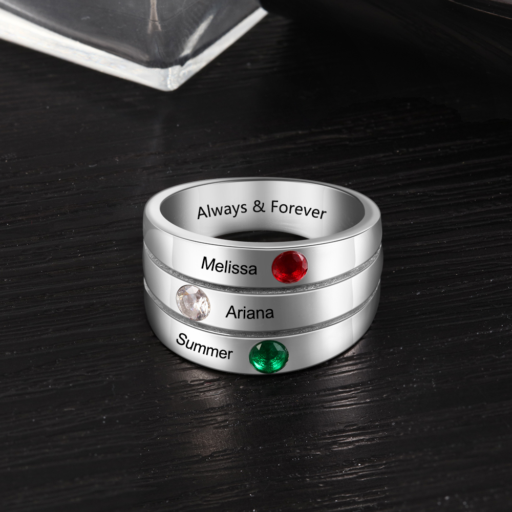 Personalised Mothers Ring With 3 Birthstones Engraved Names Ring Gift For Women-Jessemade AU