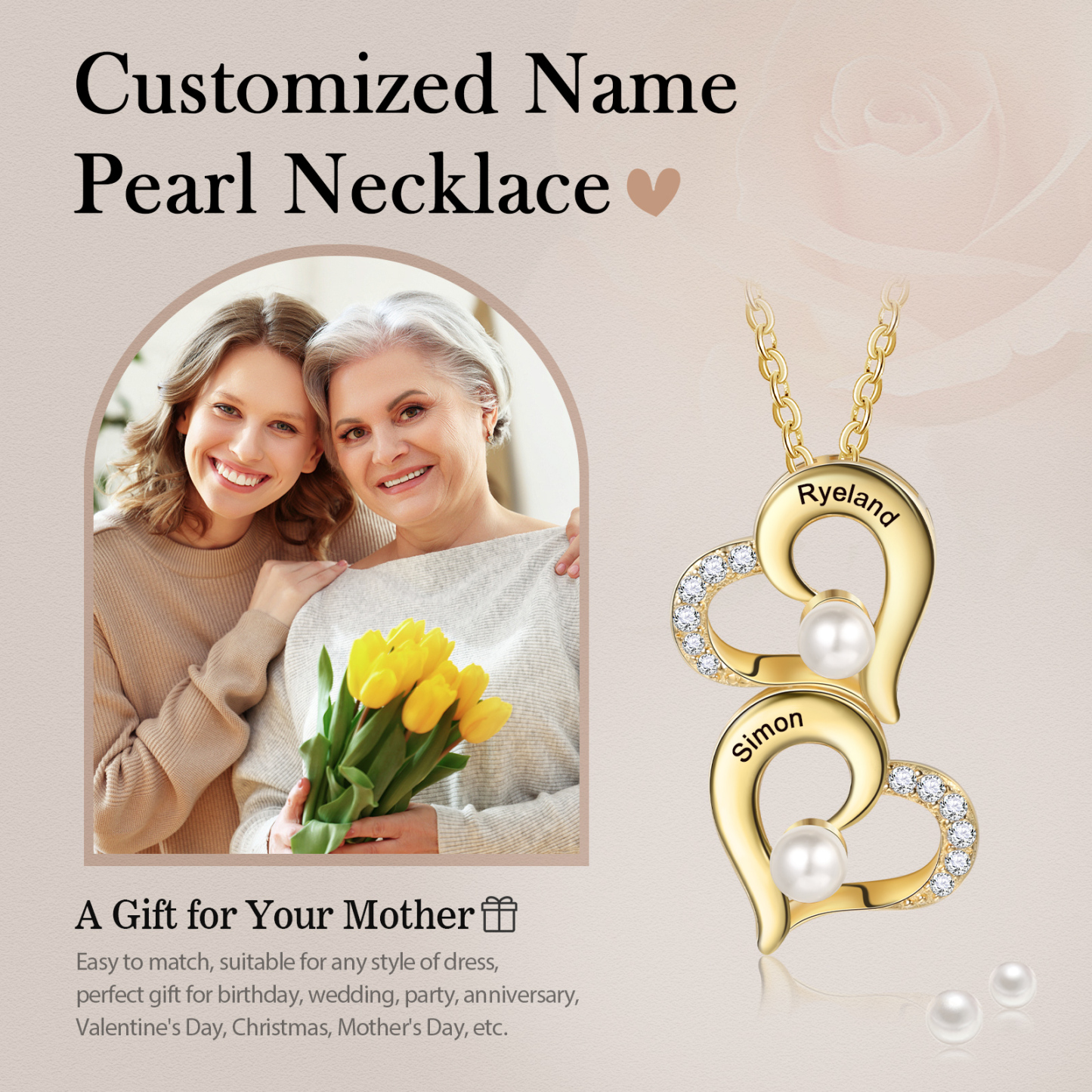 2 Names - Personalised Heart Shape Pendant Necklace Women's Customised Name Necklace Pearl Necklace Birthday Gift for Mother-Jessemade AU