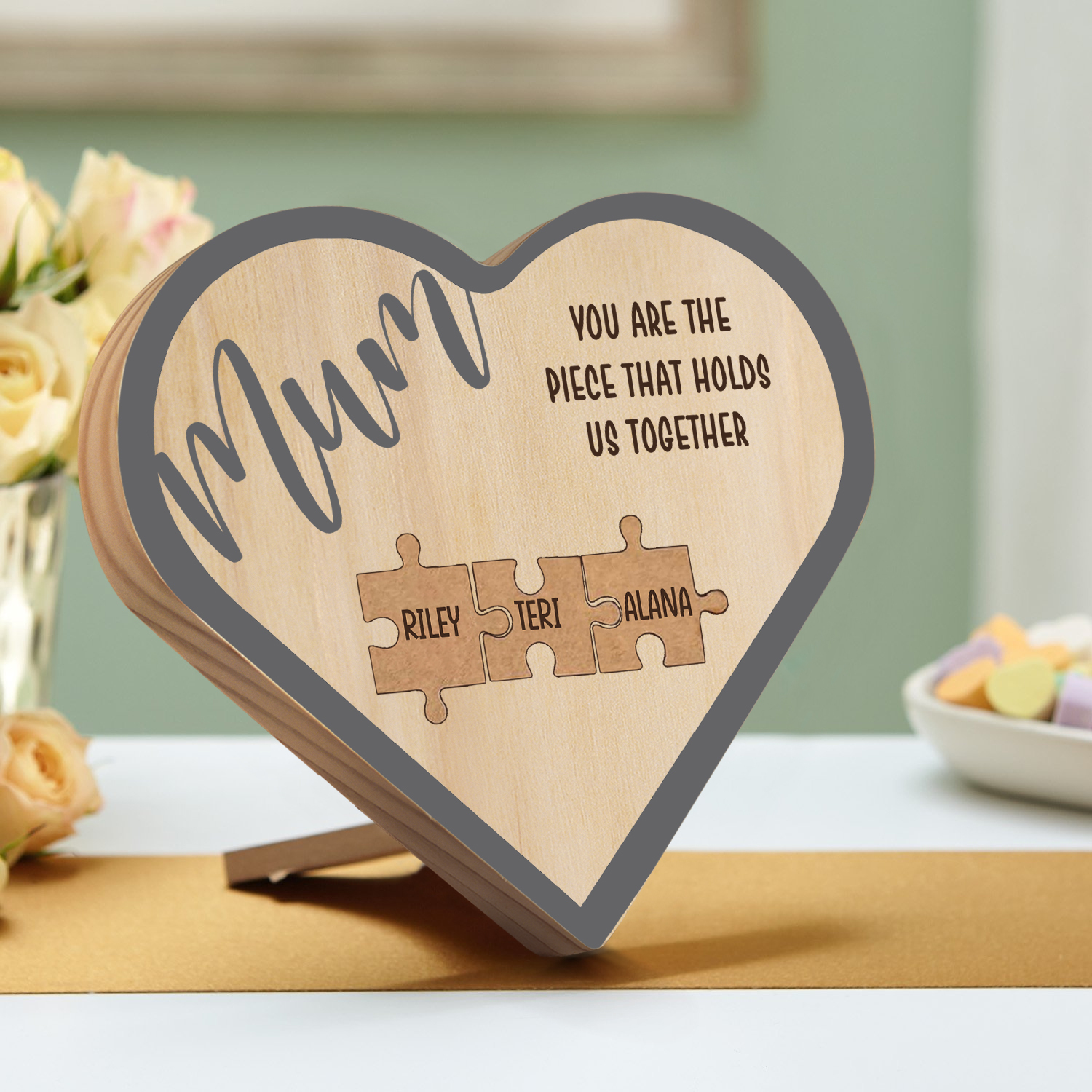 To Mum Personalised Wooden Puzzle Heart Keepsake Desktop Ornament Custom 3 Names Mothers Gifts-Jessemade AU