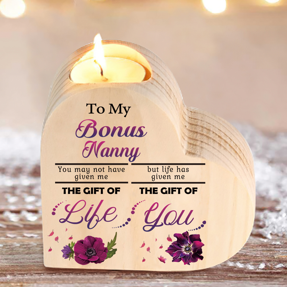 To My Bonus Nanny/Grandma/Nan Violets Heart Candlestick "Life Gave Me The Gift of You" Wooden Candle Holder-Jessemade AU
