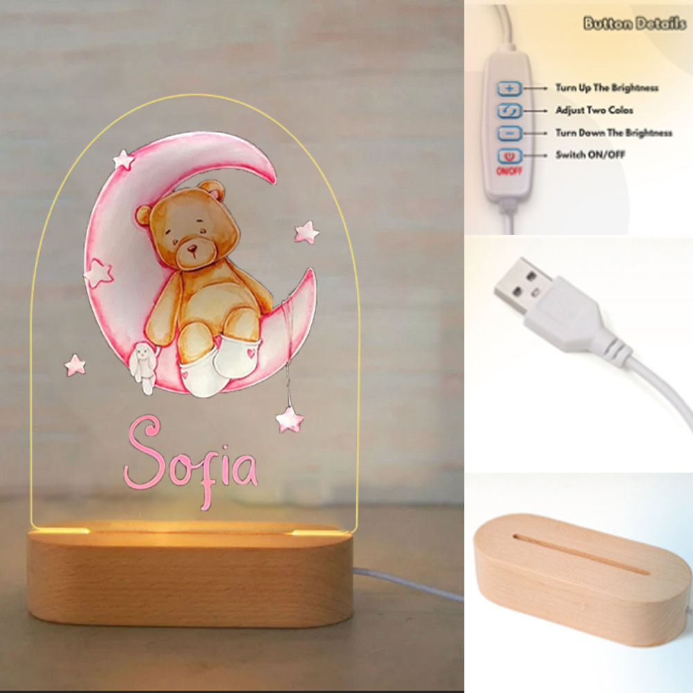 Personalised Bear and Moon Night Light Custom Name LED Lamp Baby Gift for Kids-Jessemade AU