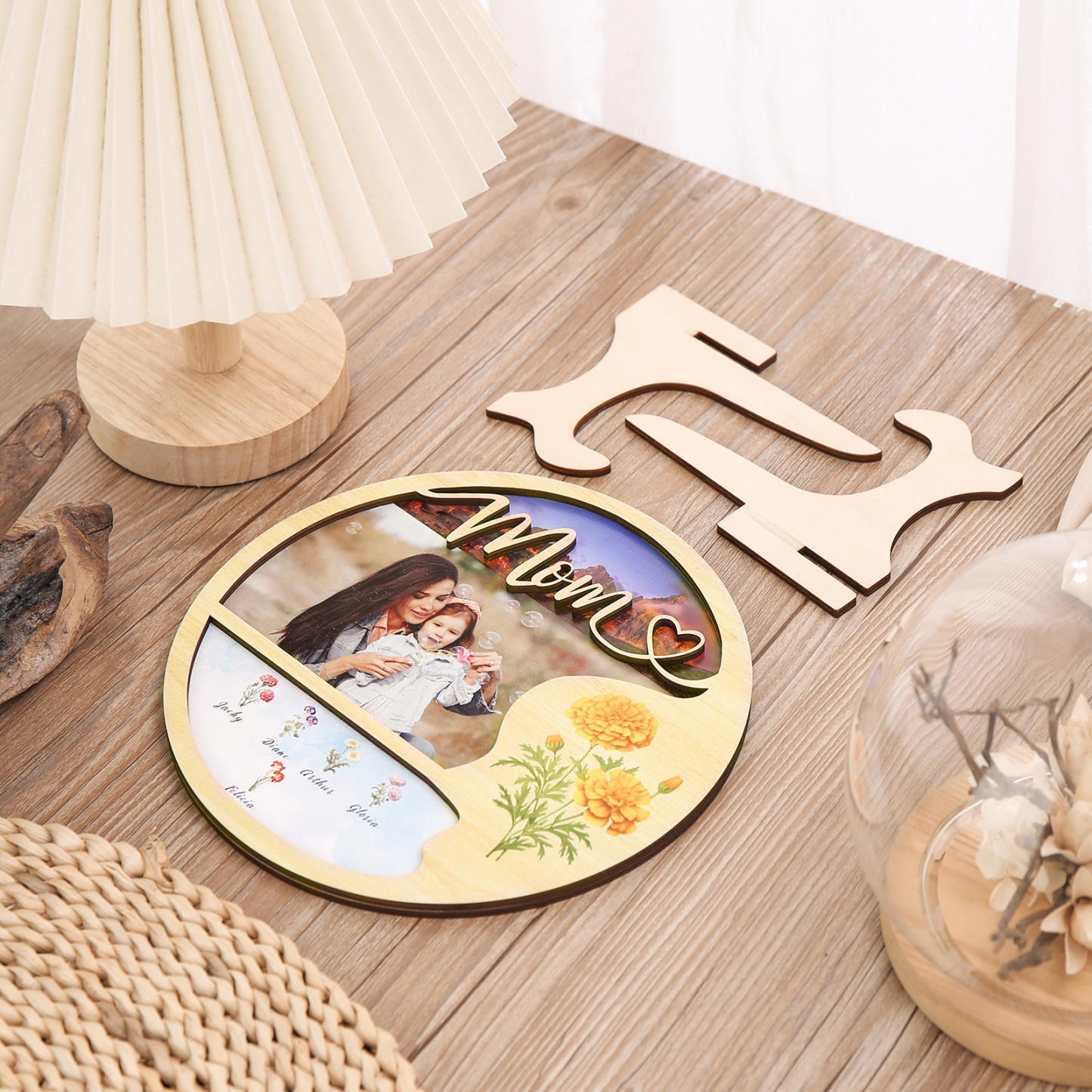 Personalised Photo & Text Wooden Plaque Custom 6 Birth Flowers & 5 Names Wooden Sign With Stand Gifts for Mum/Nana-Jessemade AU