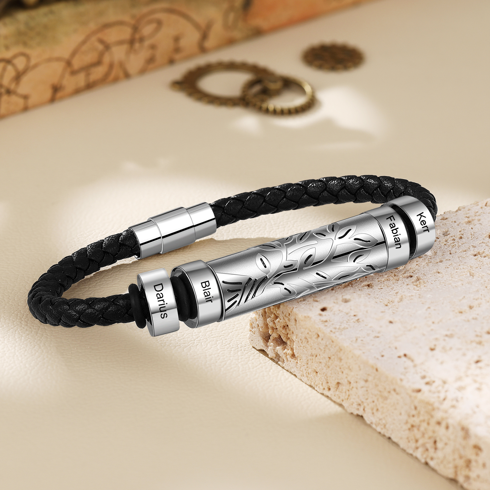 Personalised Men Leather Braided Bracelet Custom 4 Names Bracelet For Him-Jessemade AU