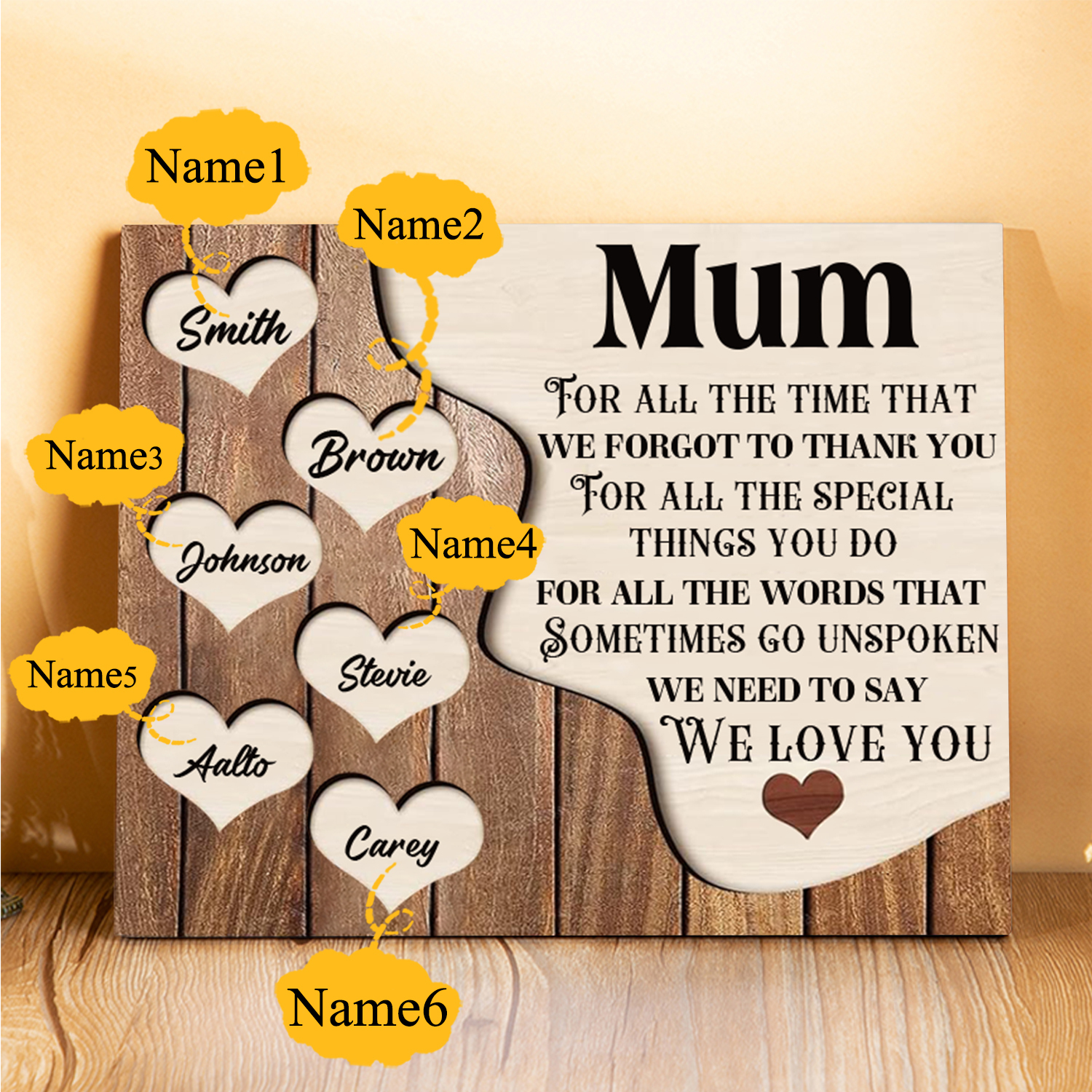 6 Names - Personalised Mum Wooden Plaque Custom Names Home Decoration Hearts Gift for Mother-Jessemade AU