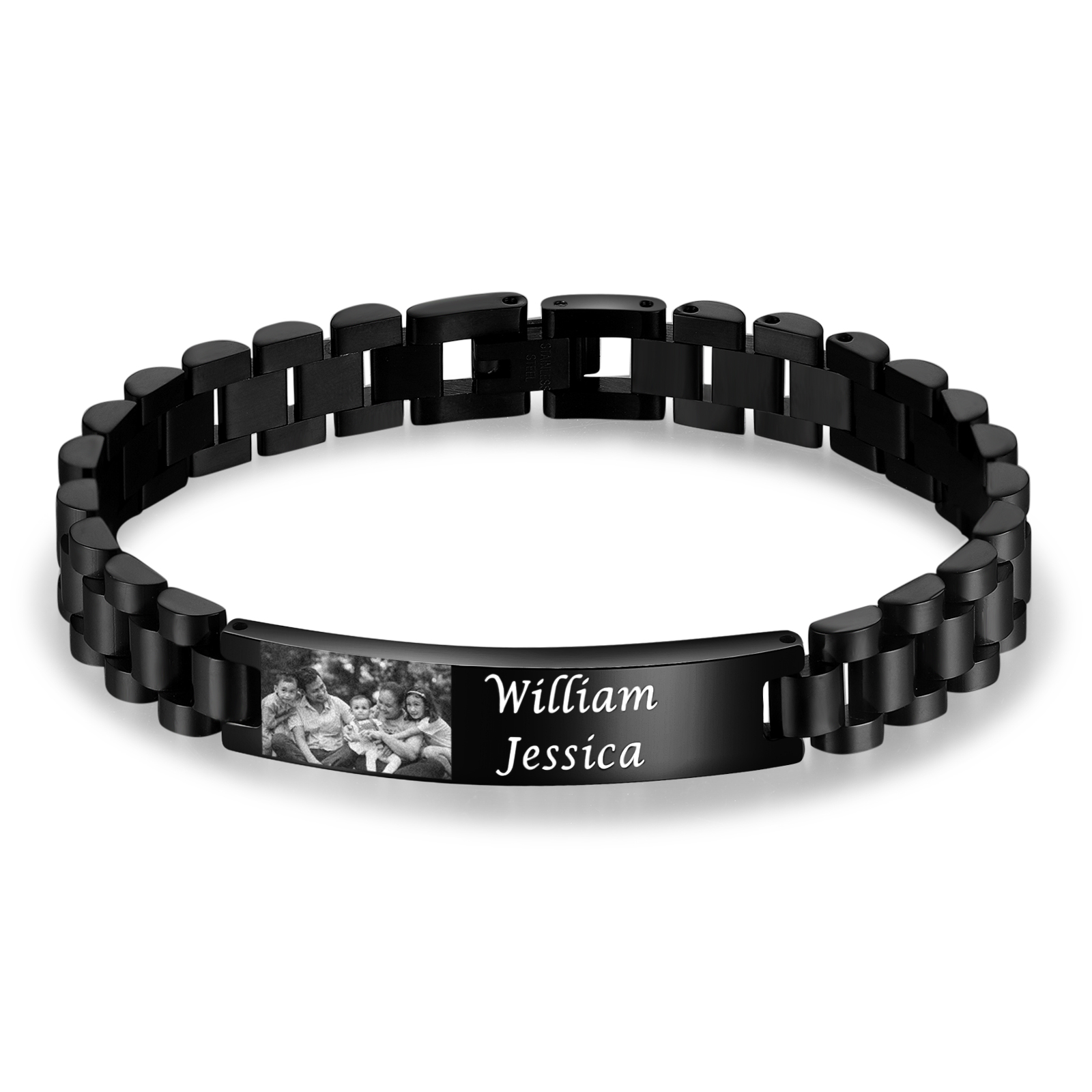 Personalised ID Bar Bracelet Customised with 2 Names & 1 Photo Bracelet Black Bracelet Father's Day Gift-Jessemade AU